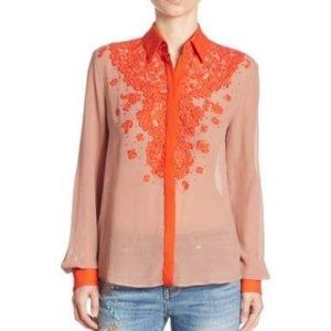 Roberto Cavalli long sleeve floral sheer and lace and lightly beaded blouse